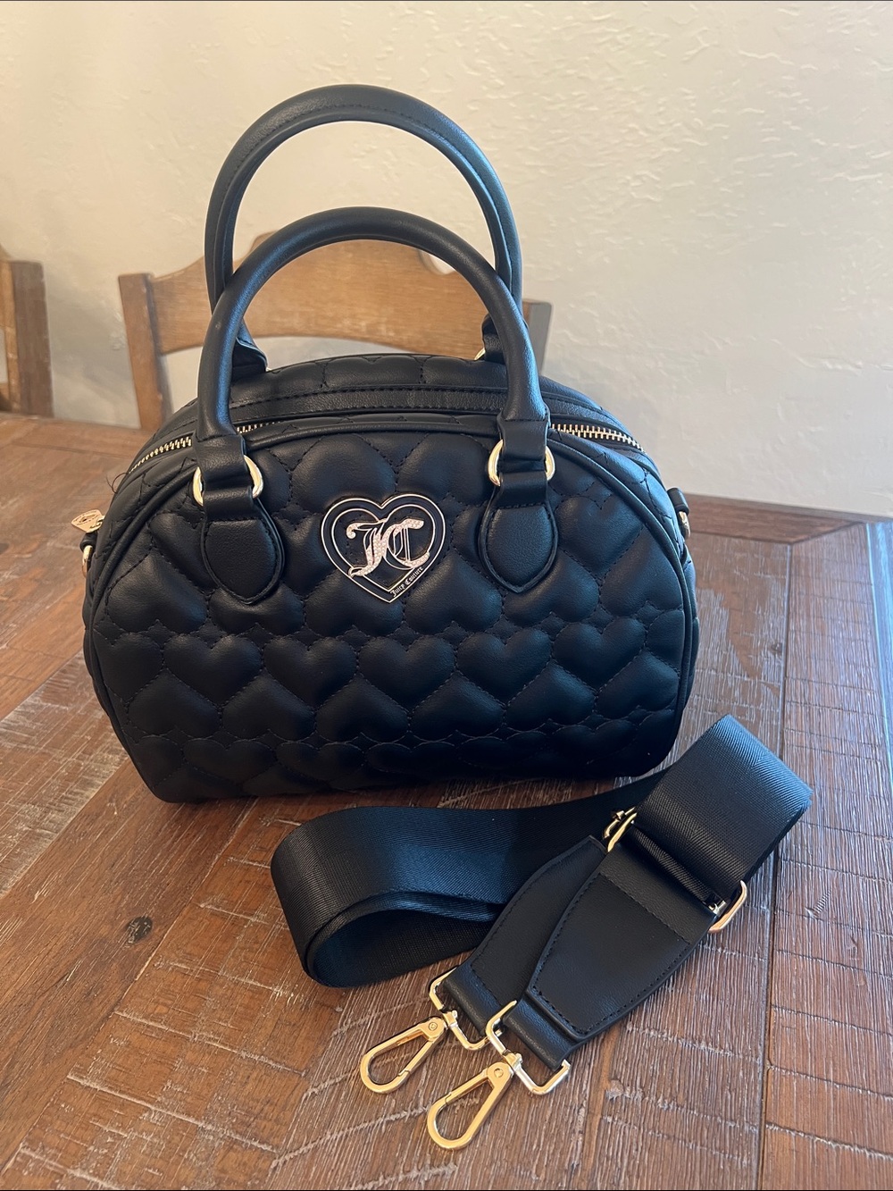 Juicy Couture Black Quilted Heart Satchel with Gold Hardware